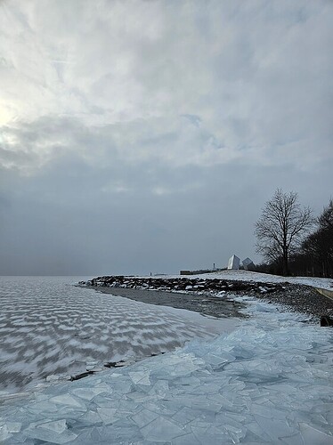 frozen lake is shown in the left of the picture, with several sheets of ice that have formed along its shore. A metal sculpture and some pine trees can be seen int he distance. The picture is set against a gray sky.
