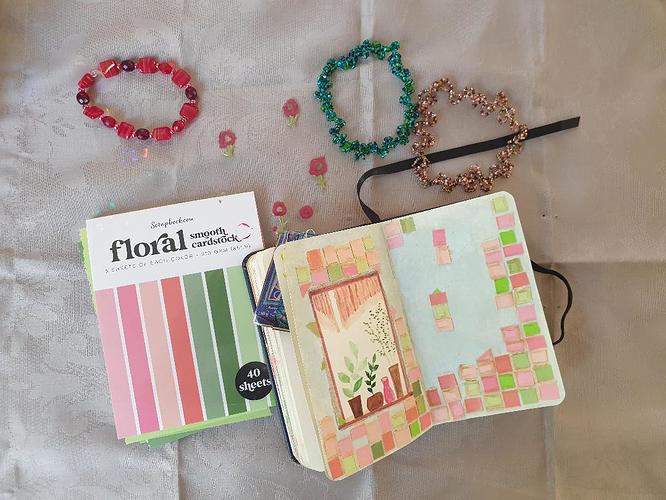 art journal page glass beads bracelets Nuvo drops flowers