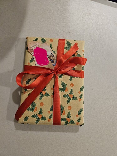 A gift wrapped in recycled, pleated wrapping paper with a holly pattern. The gift also has a red ribbon that forms a bow at the front.